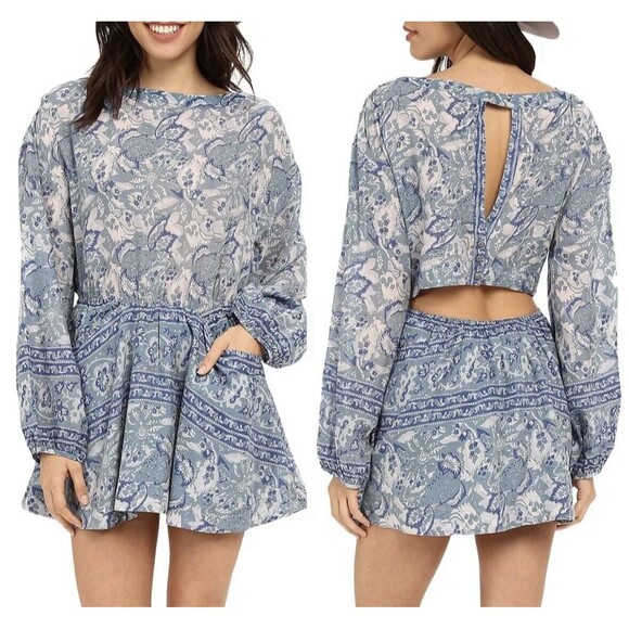 Free People Dresses & Skirts - FREE PEOPLE Size M Washed Blue Silver Sun Floral Paisley Dress Boho Hippie Fairy